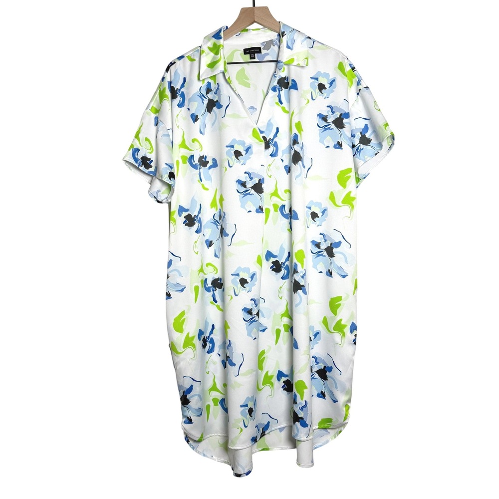 The Limited Womens Shirt Dress 2X White Blue Green Floral Abstract‎ Satin Brunch